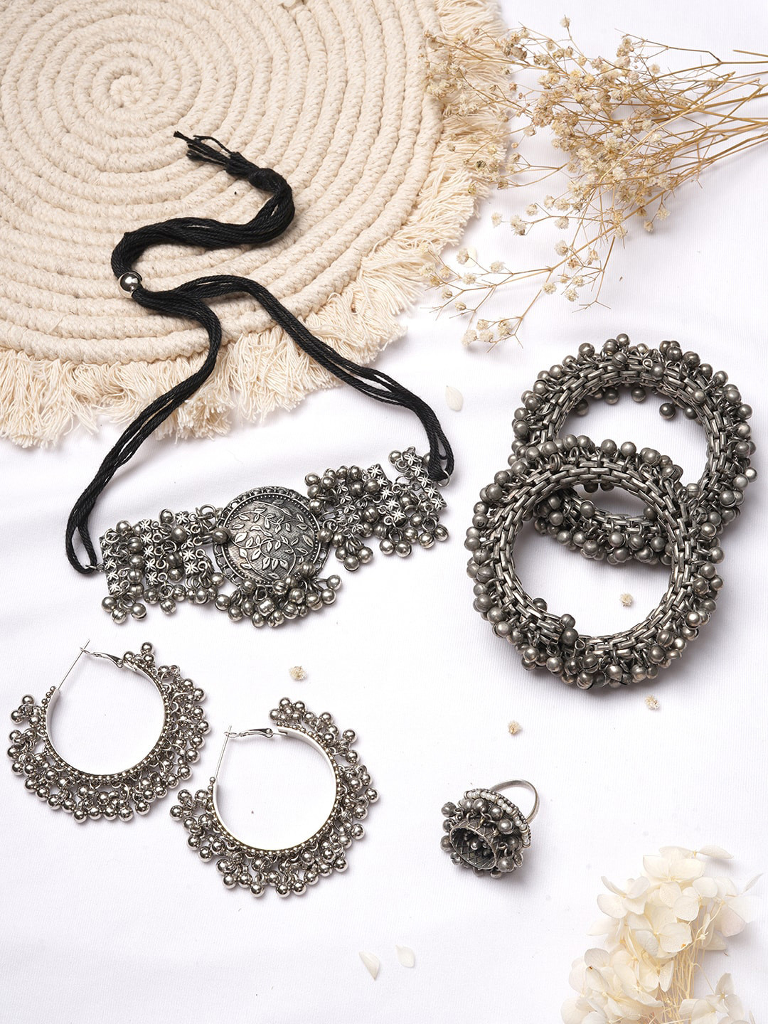 TEEJH Silver-Toned Maitry Oxidised Jewelery Set