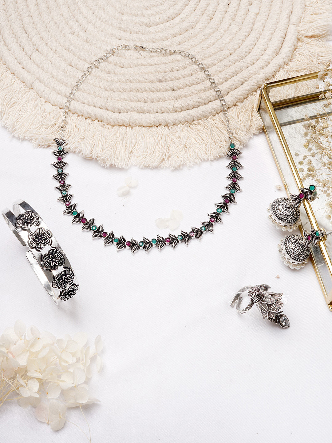 TEEJH Silver Toned Pink Stone Studded Oxidised Jewellery Set