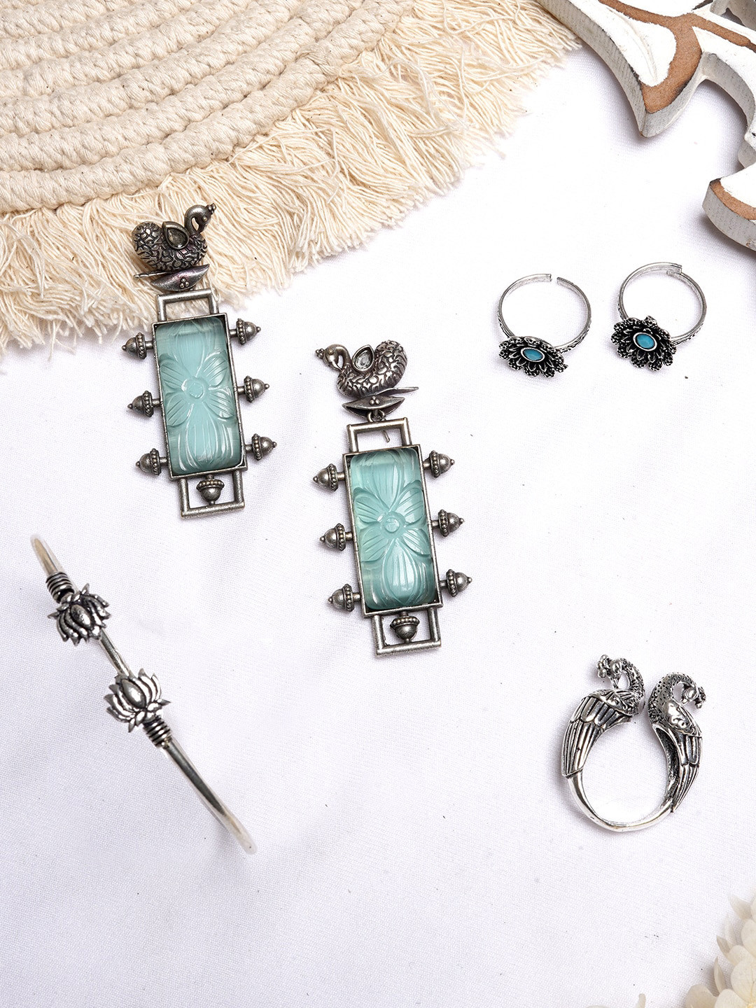 TEEJH Silver-Toned & Turquoise Blue Stone Studded Oxidised Jewellery Set