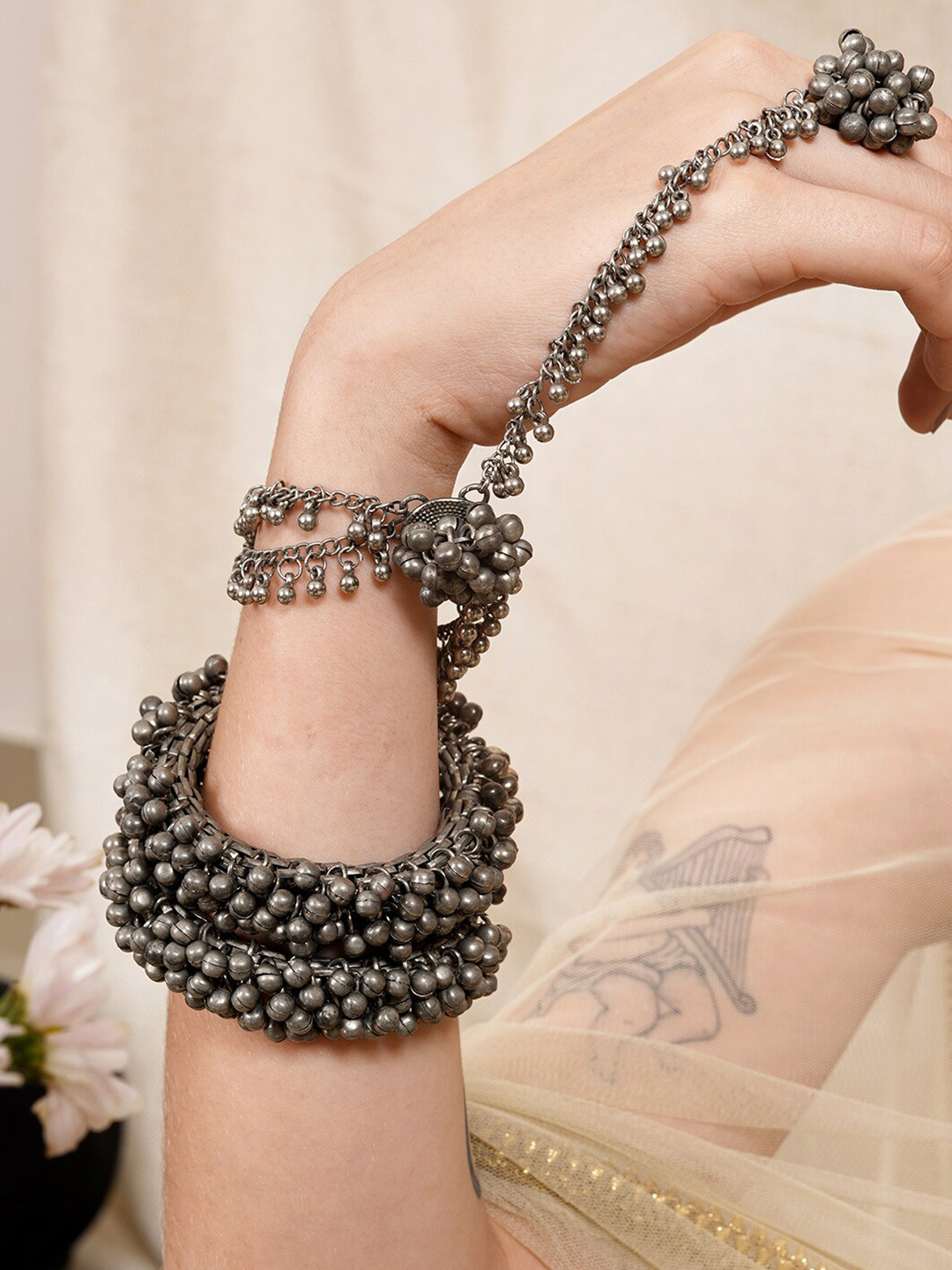 TEEJH Set Of 3 Silver Plated Oxidised Link Bracelet