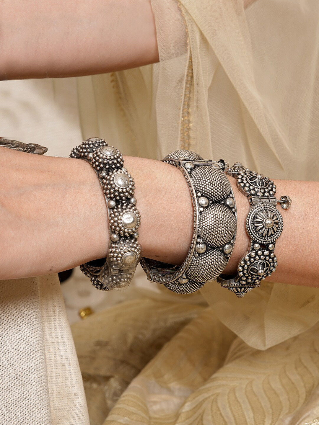 TEEJH Women Set Of 3 Silver-Plated Brass Oxidised Jaasritha Stacked Bangle-Style Bracelet