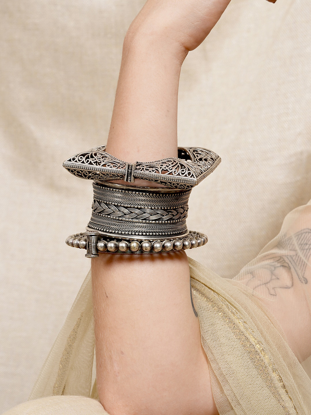TEEJH Ilina Silver Tone Oxidized Stacked Bracelet Set