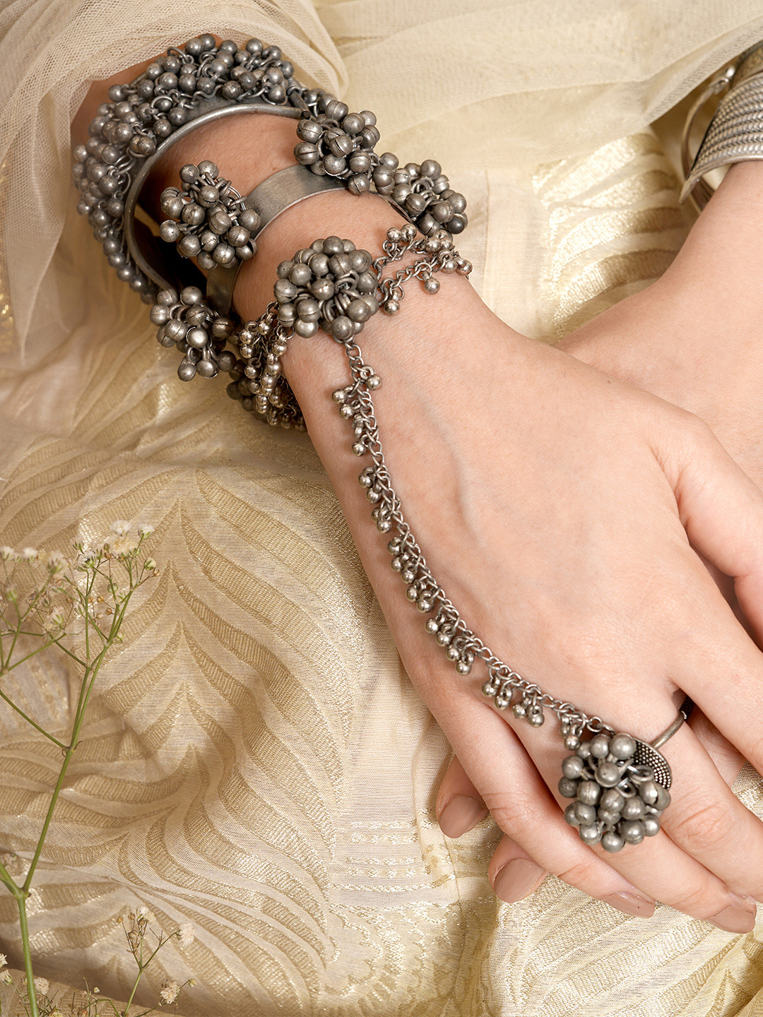 TEEJH Women Set of 3 Oxidised Silver-Toned Brass Silver-Plated Bracelets