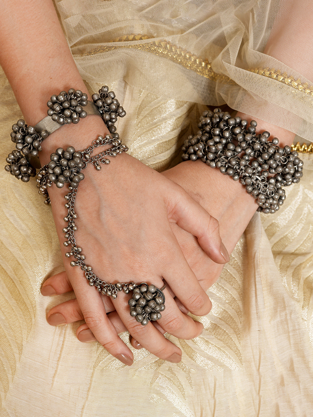 TEEJH Women 3 Silver-Toned Brass Oxidised Silver-Plated Cuff Bracelets