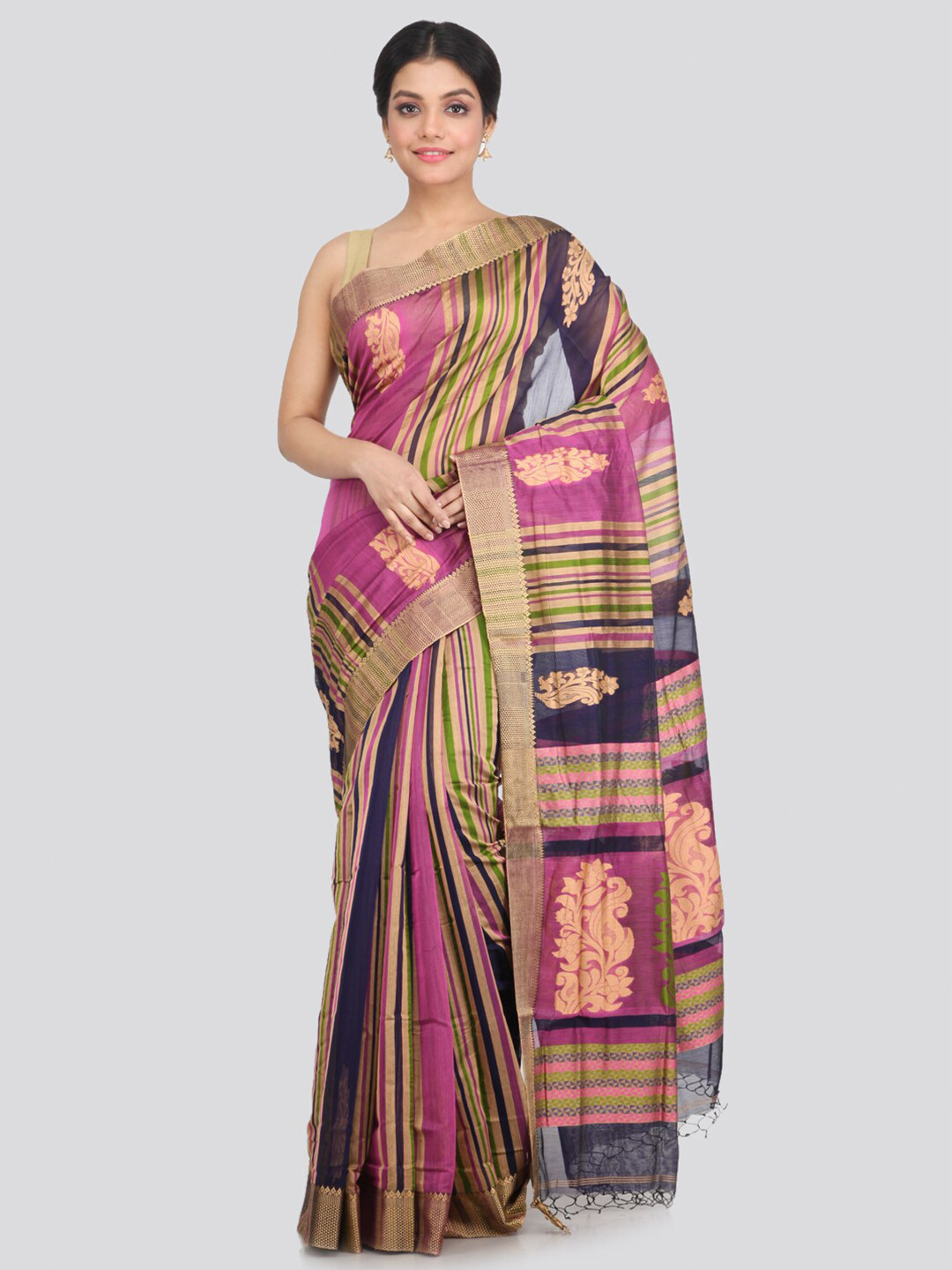 PinkLoom Magenta & Green Ethnic Motifs Woven Zari Saree
