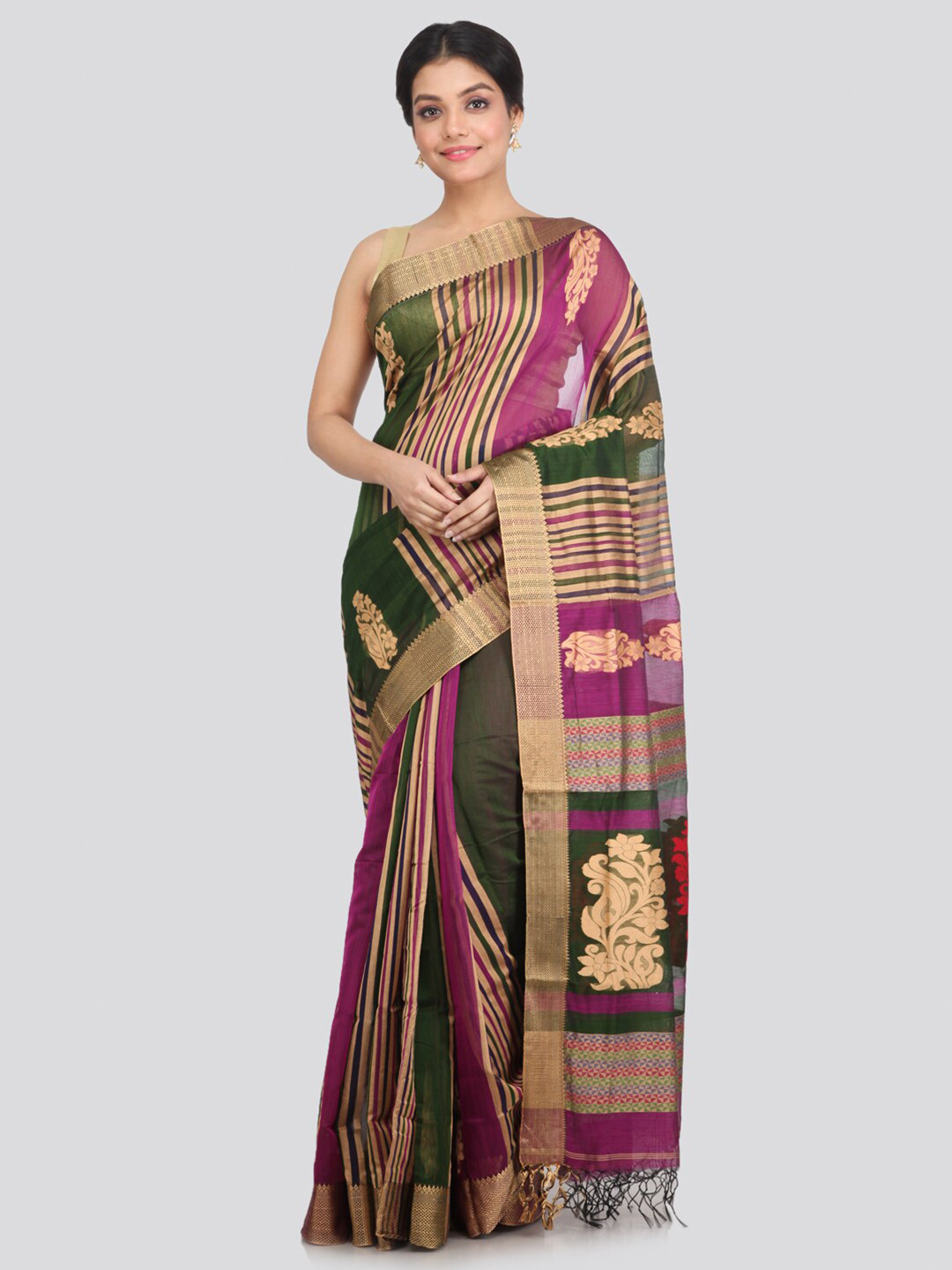 PinkLoom Magenta & Green Ethnic Motifs Zari Saree