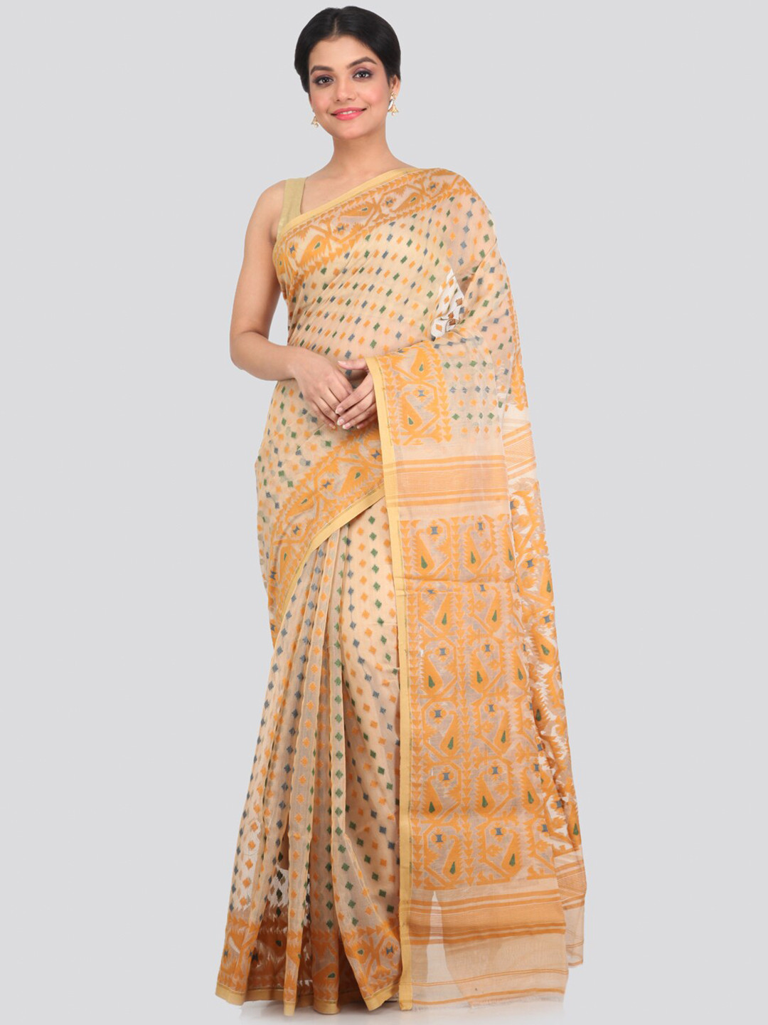 PinkLoom Beige & Orange Pure Cotton Jamdani Saree