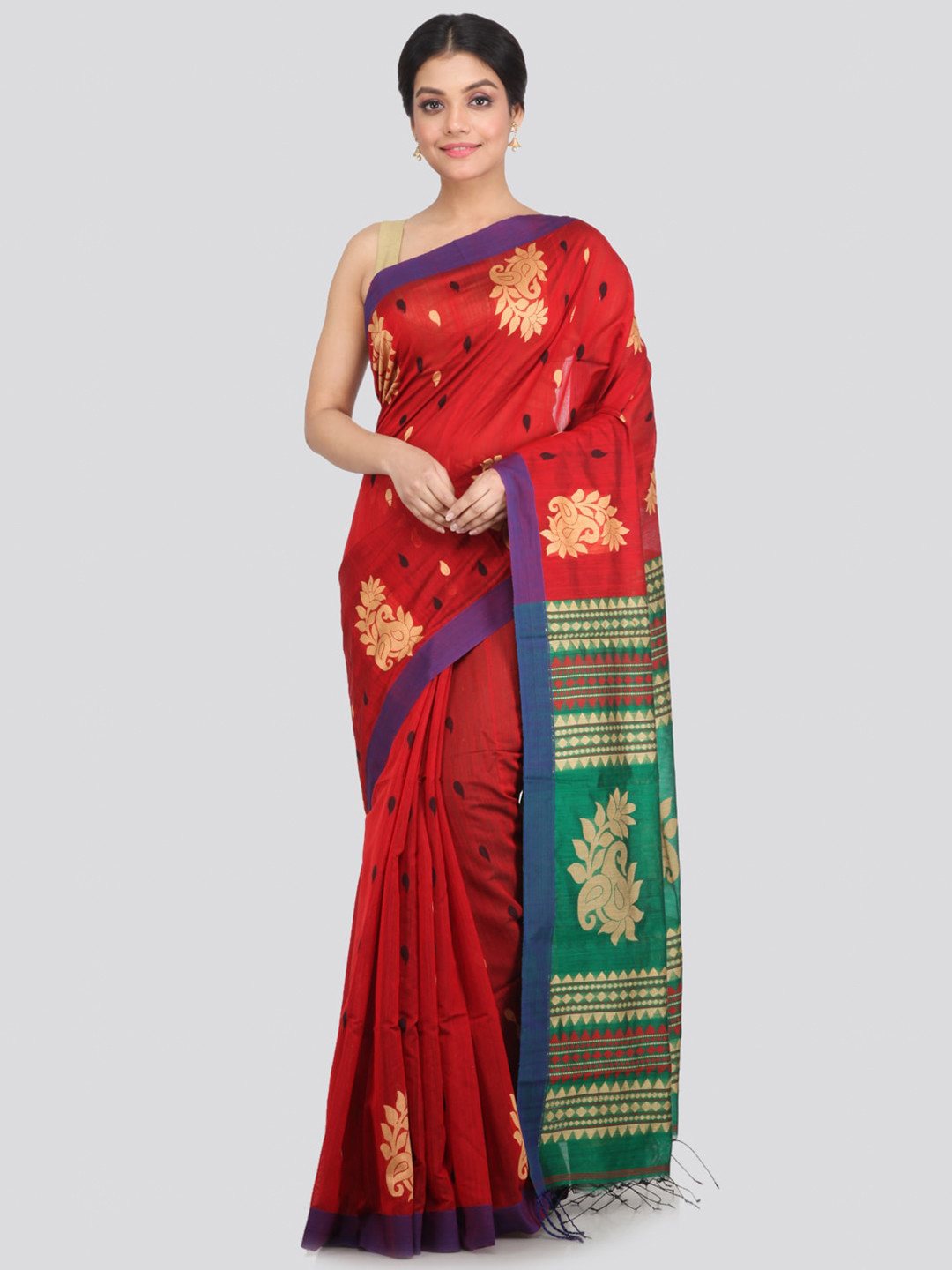 PinkLoom Red & Blue Woven Design Saree