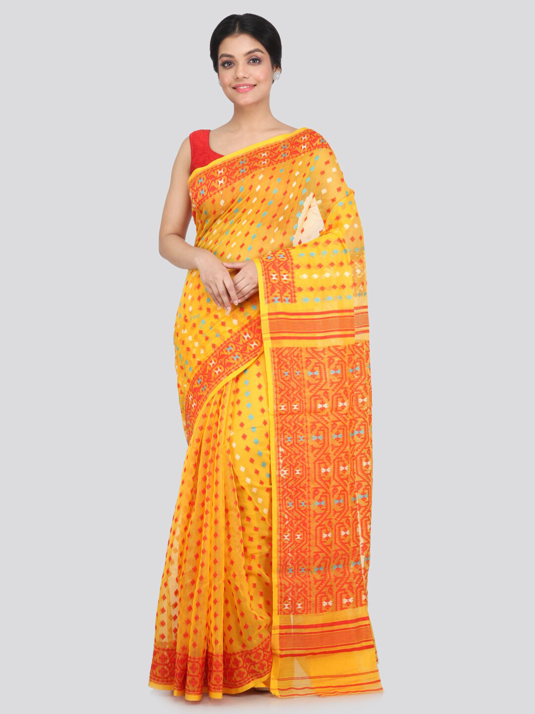 PinkLoom Yellow & Orange Pure Cotton Jamdani Saree