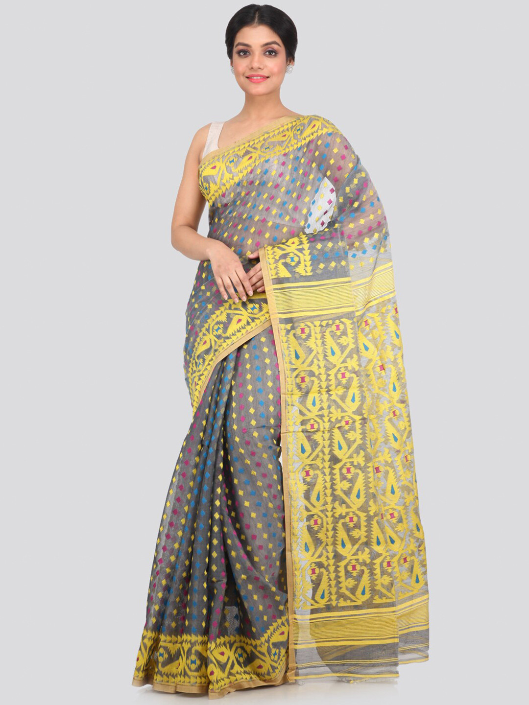 PinkLoom Grey & Yellow Pure Cotton Jamdani Saree