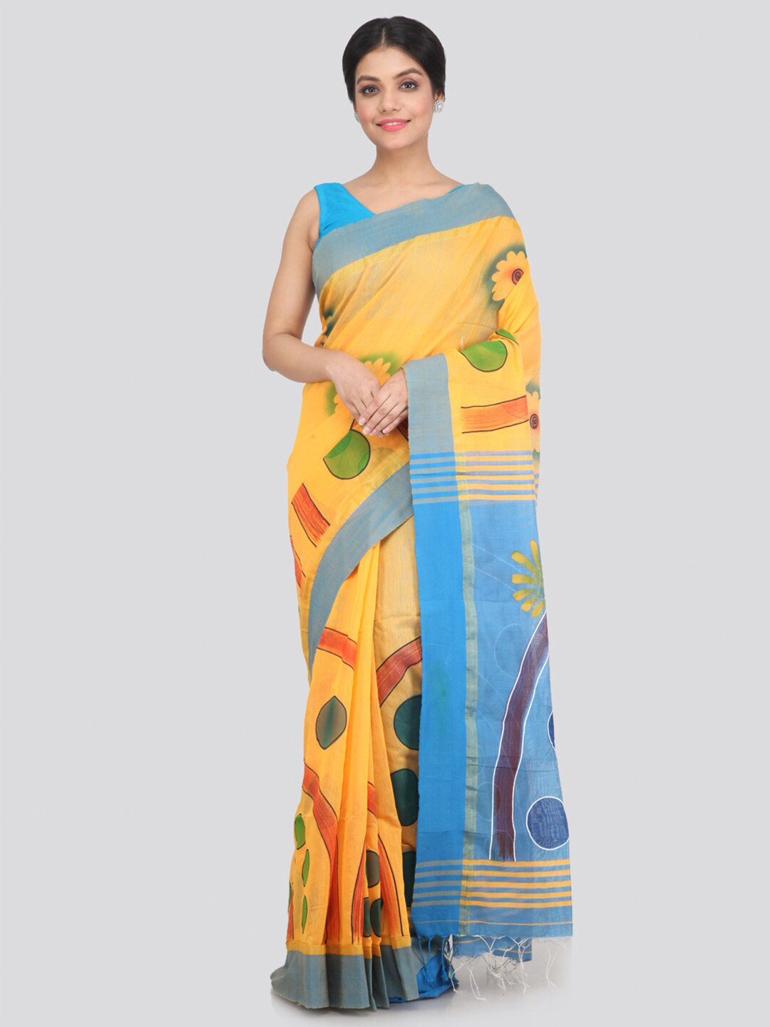 PinkLoom Yellow & Blue Pure Cotton Saree