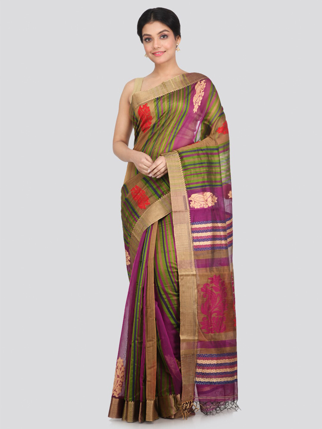 PinkLoom Purple & Gold-Toned Woven Design Zari Border Saree
