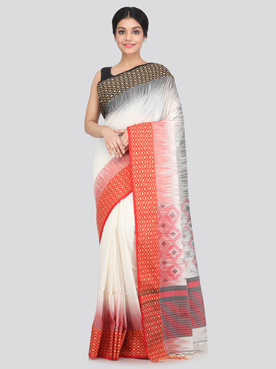PinkLoom White & Pink Ethnic Motifs Pure Cotton Saree