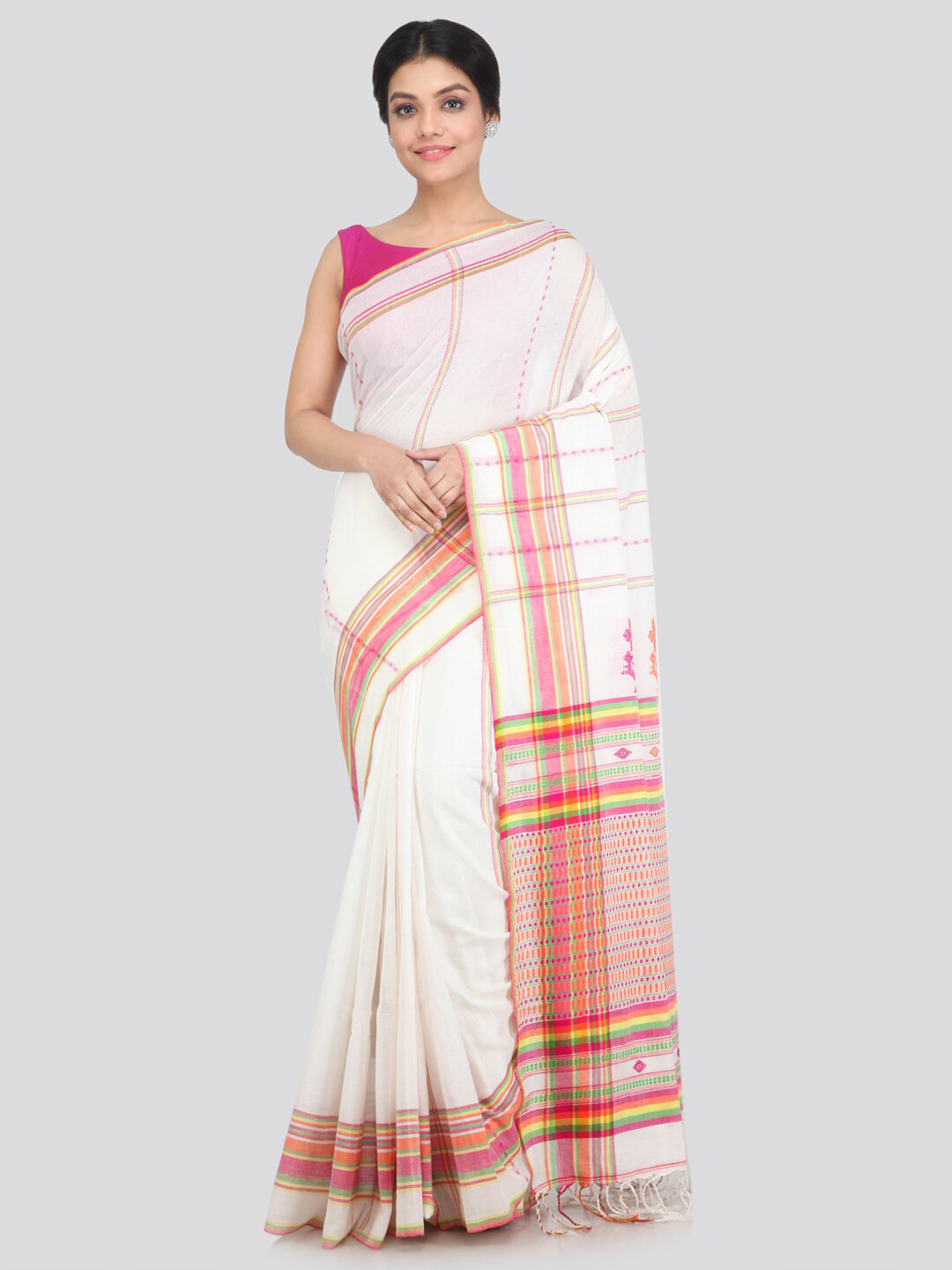 PinkLoom White & Pink Woven Design Pure Cotton Saree