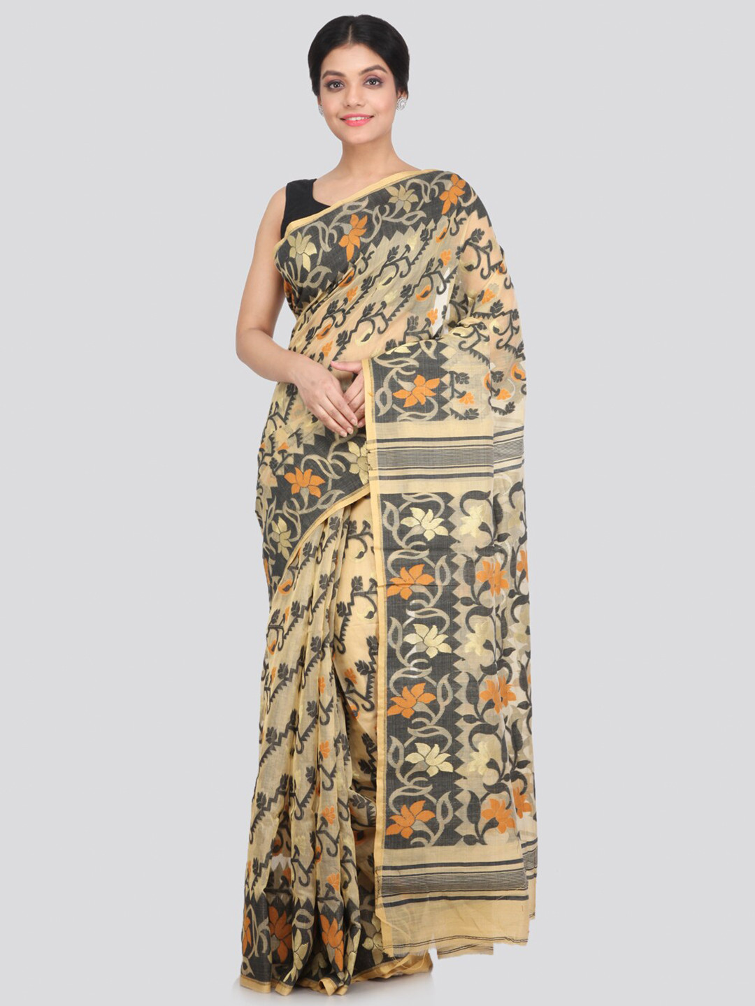 PinkLoom Orange & Black Woven Design Pure Cotton Jamdani Saree