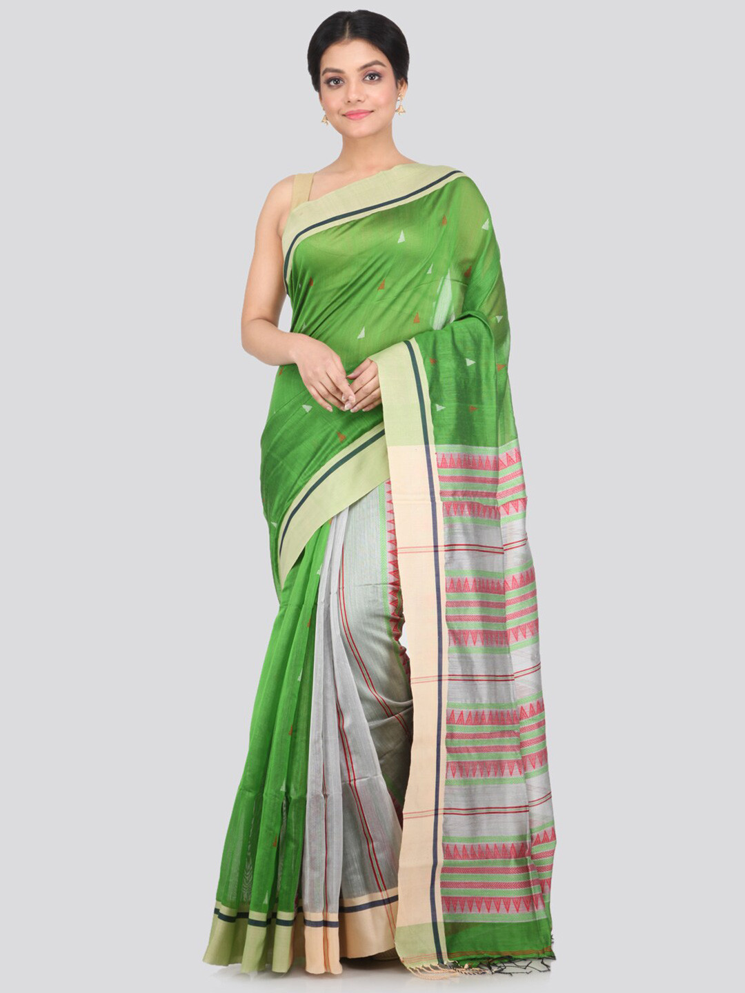 PinkLoom Green & Grey Woven Design Zari Border Saree