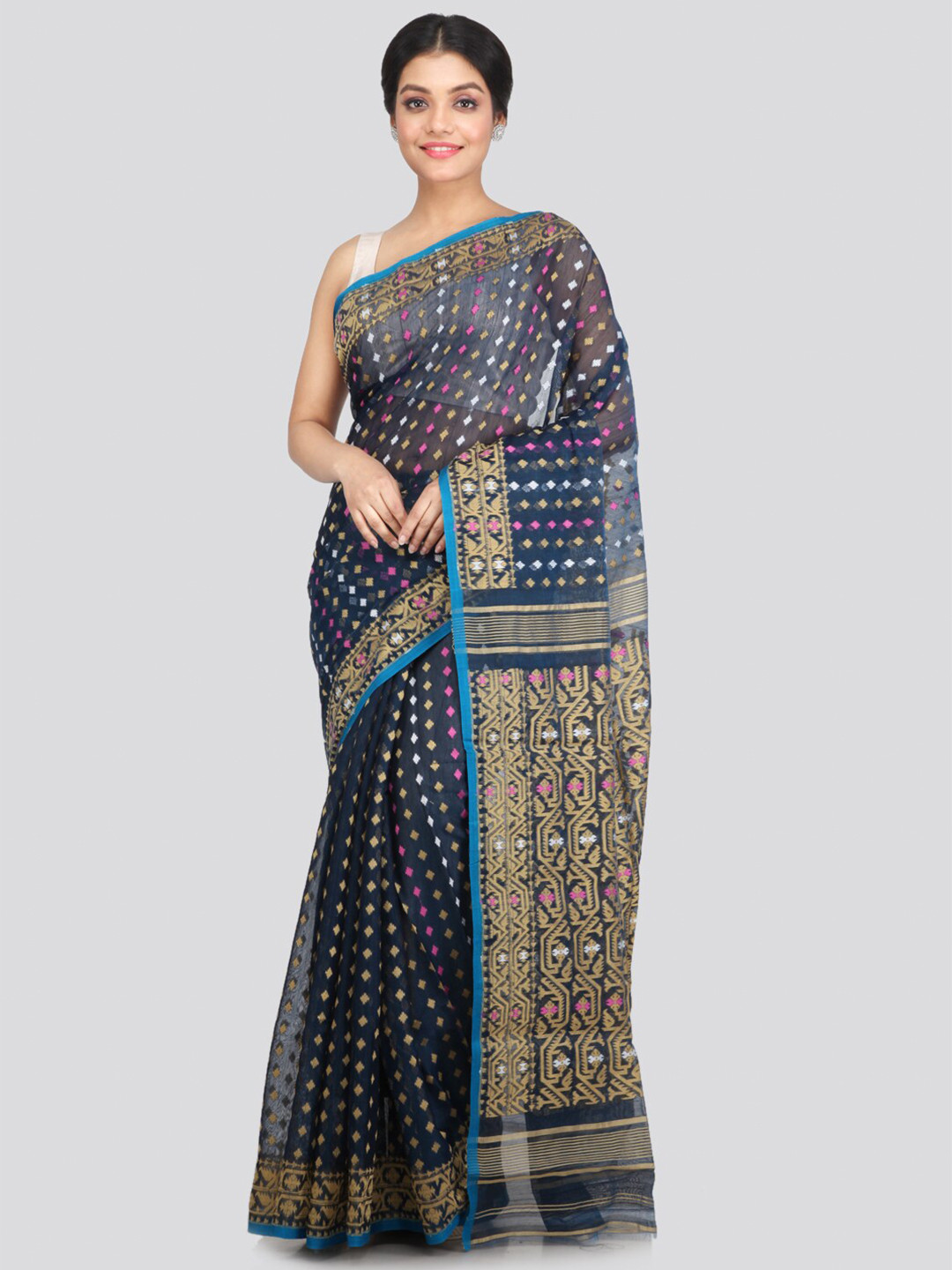PinkLoom Blue & White Woven Design Pure Cotton Jamdani Saree
