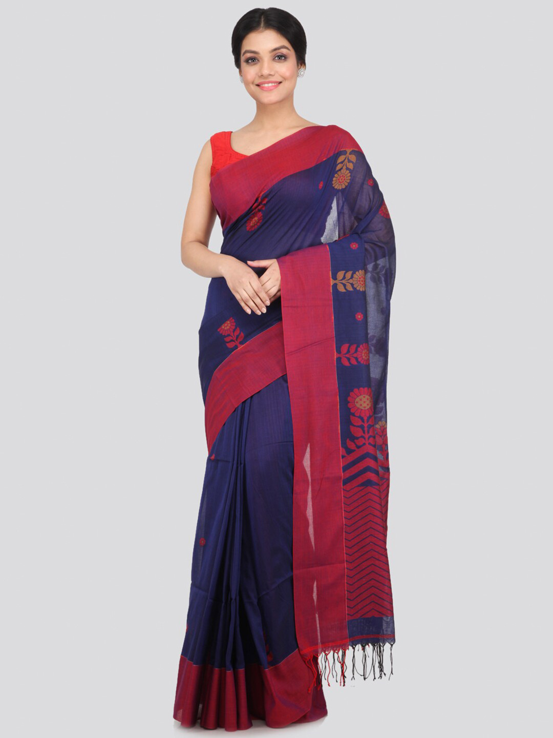 PinkLoom Blue & Red Woven Design Floral Saree