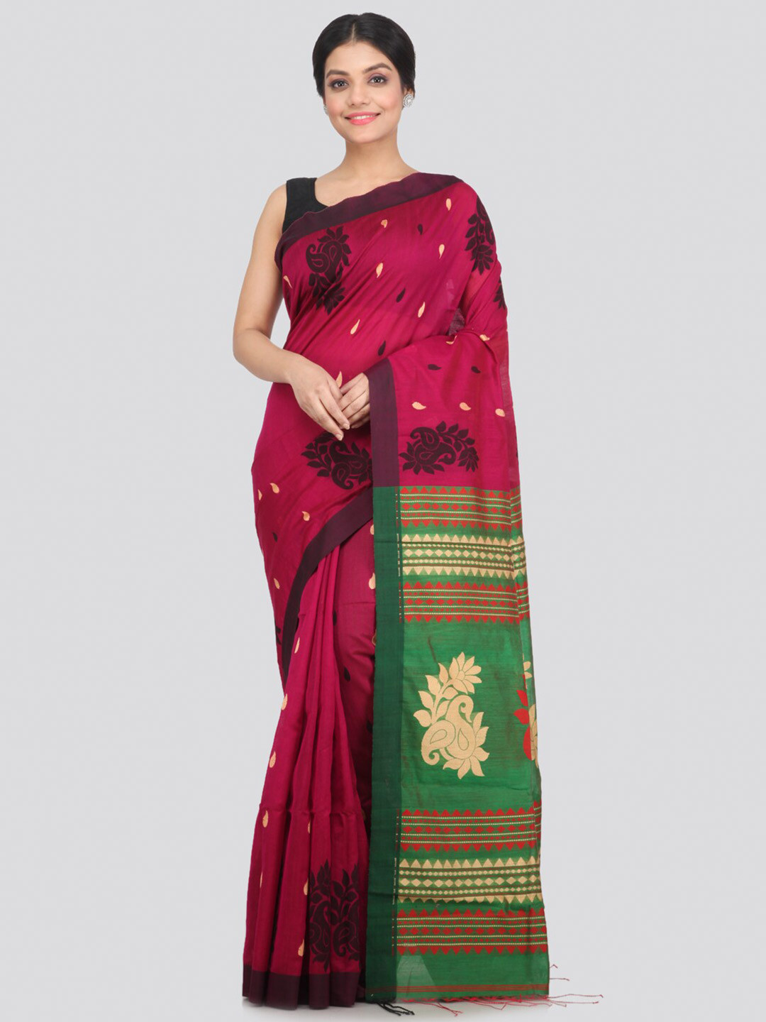 PinkLoom Maroon & Green Woven Design Saree