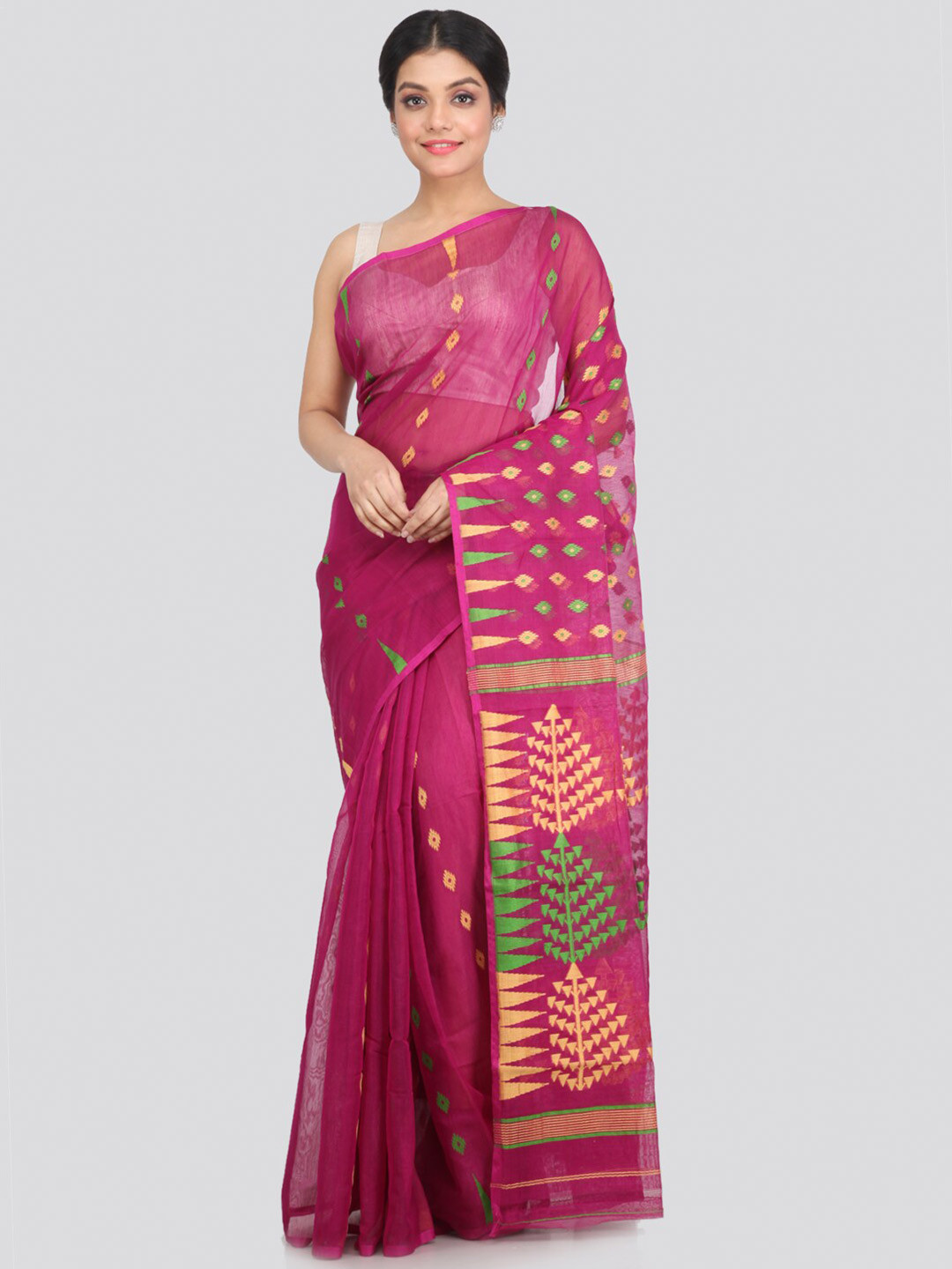 PinkLoom Purple & Green Woven Design Pure Cotton Jamdani Saree