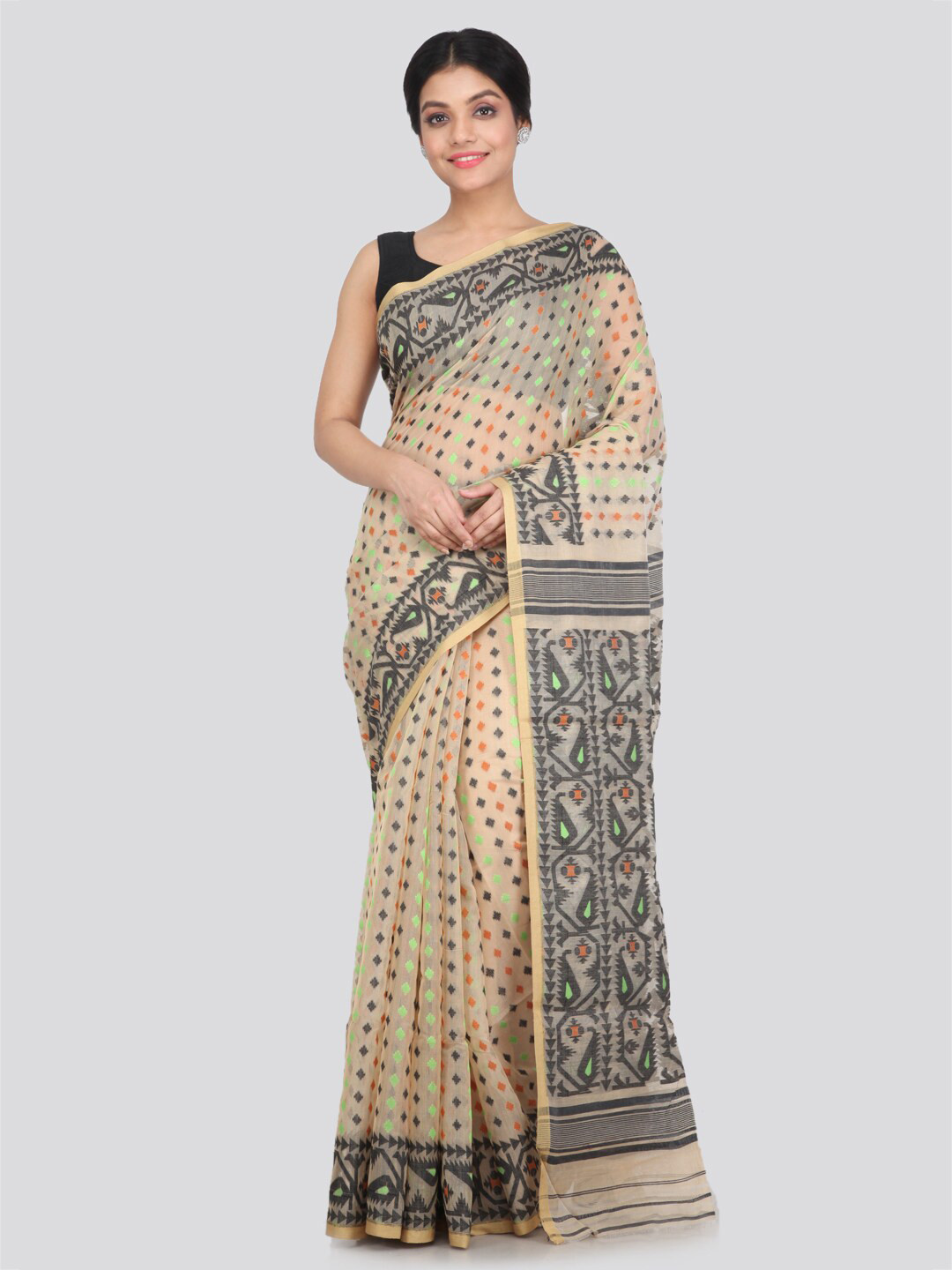 PinkLoom Beige & Grey Pure Cotton Jamdani Saree