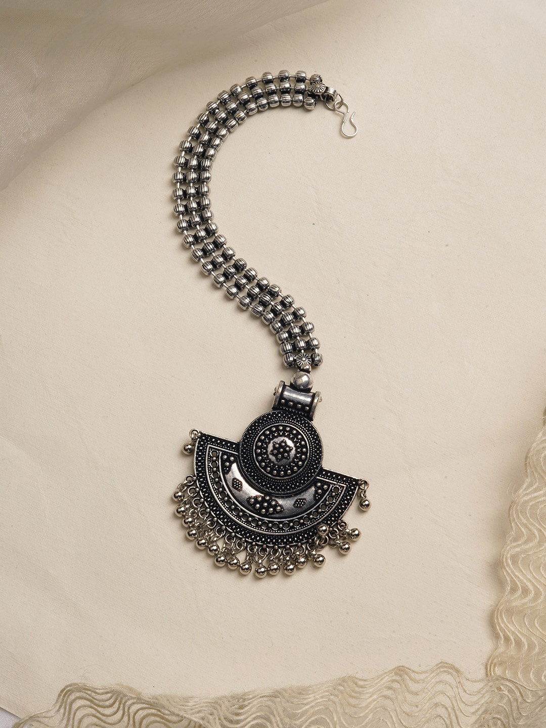 TEEJH Silver-Toned Saransha Oxidised Maang Tikka