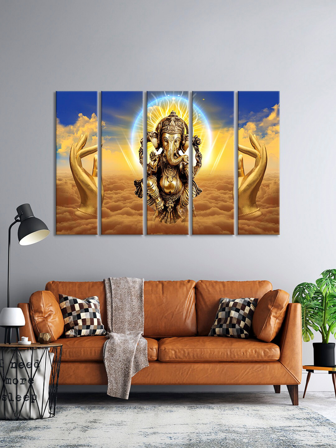 999Store Set Of 5 Brown & Blue Golden Colour Of Lord Ganesha Painting Framed Wall Art
