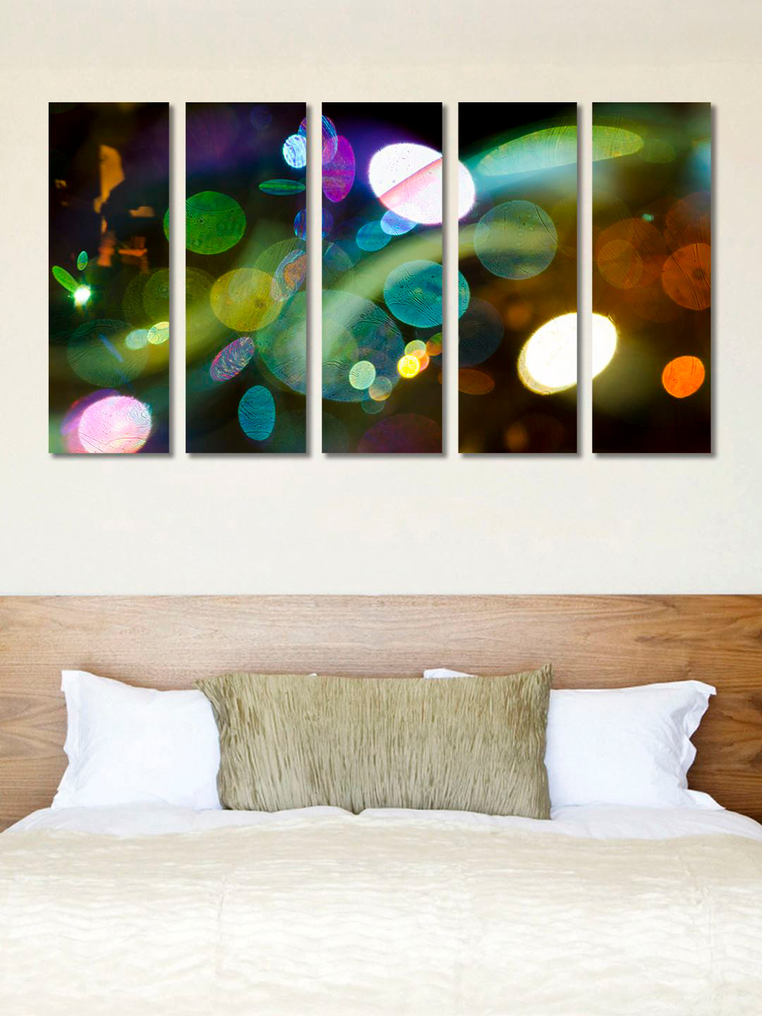 999Store Set Of 5 Green & Purple Colourful Lights Painting Framed Wall Art