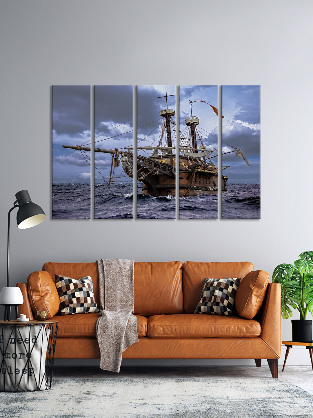 999Store Set Of 5 Blue & Black Old Ship In The Sea Panel Wall Painting Wall Art