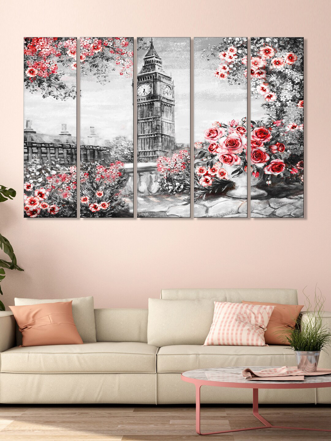 999Store 5 Piece Red Roses & Clock Tower Rectangle Paintings Wall Art- 29.92x10.23In