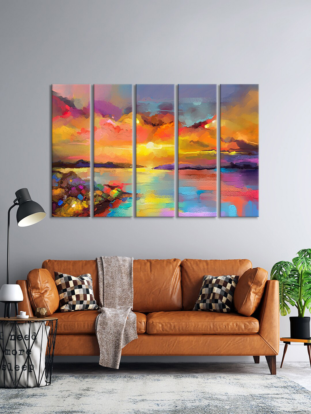999Store Set Of 5 Multicoloured Abstract Sun Over The Mountains Painting Framed Wall Art