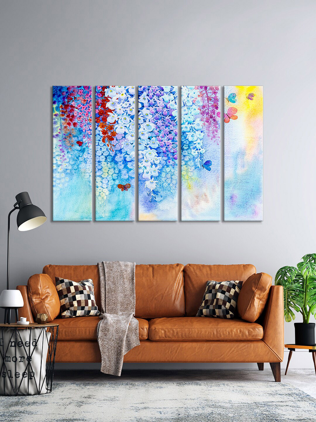 999Store Set Of 5 Blue & Pink Floral Hanging Bed Painting Framed Wall Art