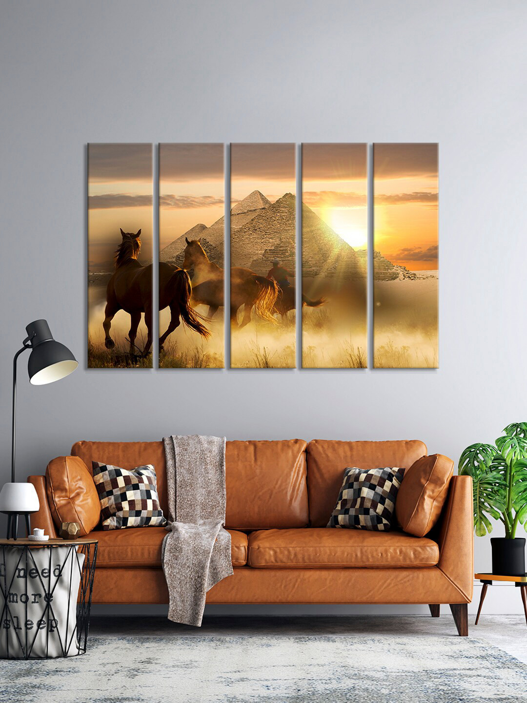 999Store Set Of 5 Brown Running Horse Near Pyramids In Egyptian Wall Painting Wall Hanging