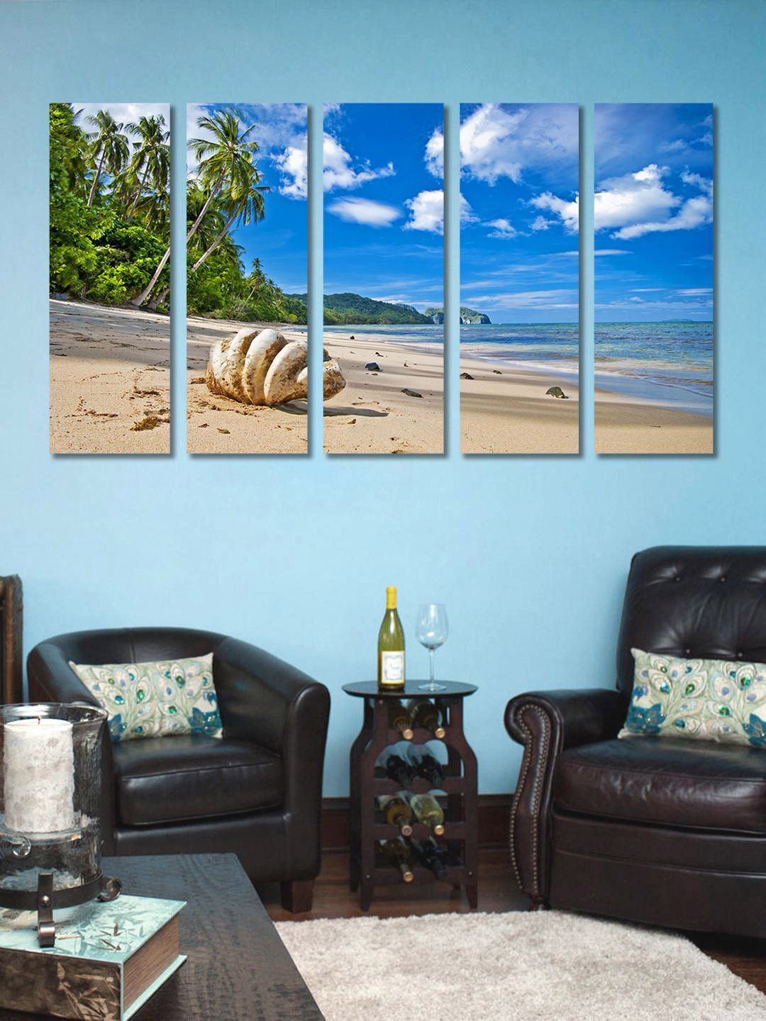 999Store Set Of 5 Blue & Brown Sea Side Panel Wall Painting Wall Art