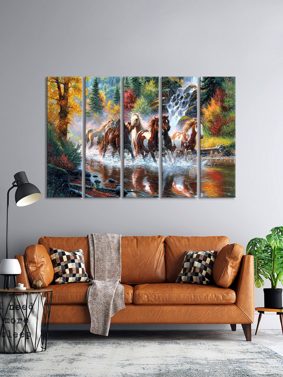 999Store Set Of 5 Multicoloured Running Horses In A River Painting Framed Wall Art