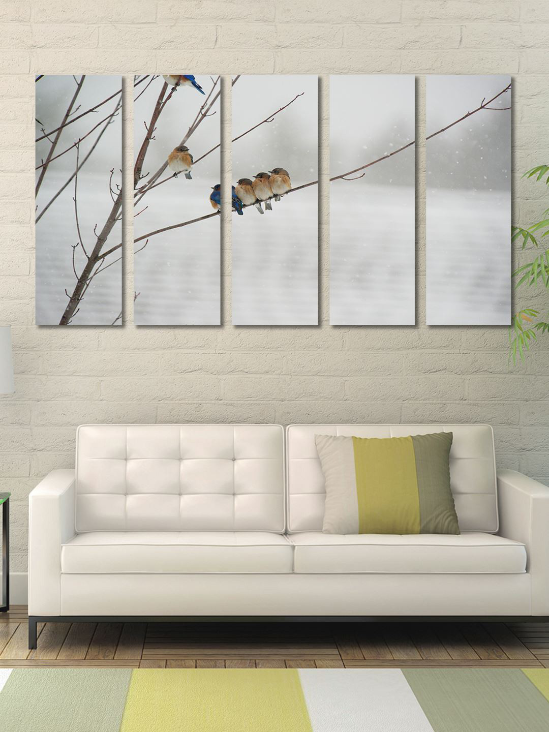 999Store Set of 5 Grey & White Birds On Tree Stems Wall Art Panels Hanging Painting