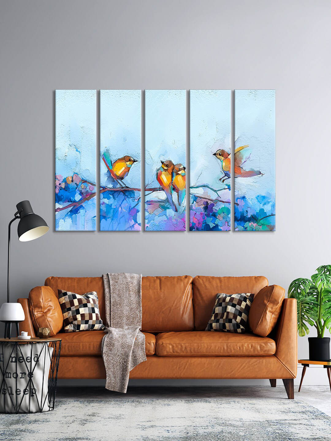 999Store Blue & Orange Set Of 5 Birds Sitting On A Tree Painting Framed Wall Art