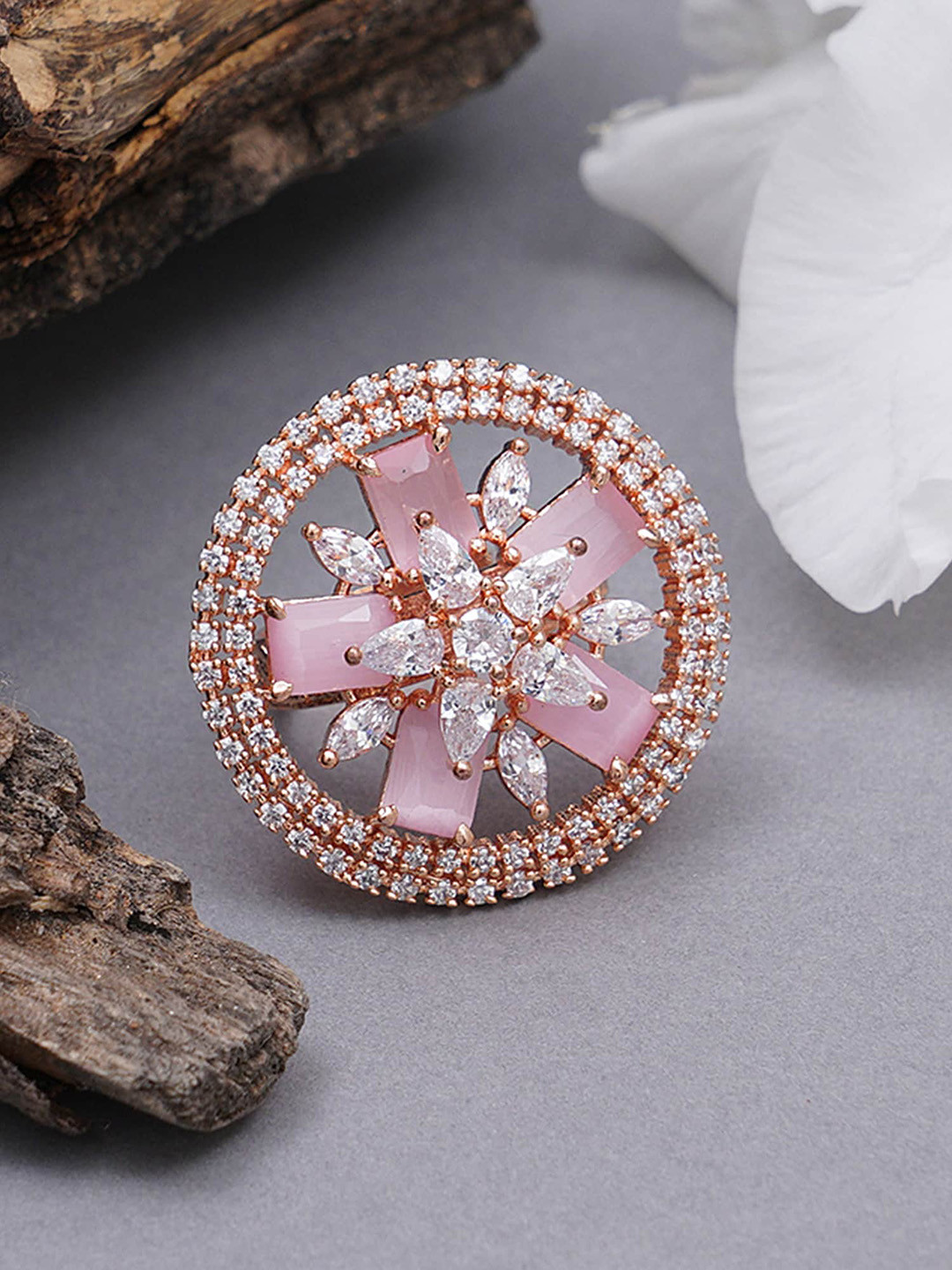 KARATCART  Woman Pink American Diamond Floral Shape Finger Ring