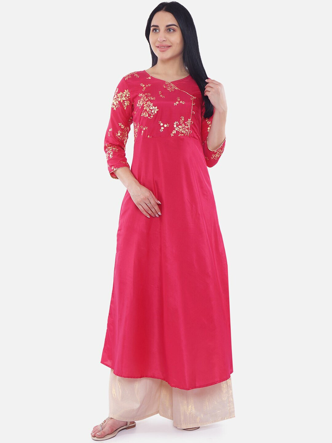Be Indi Pink & Gold-Toned Floral Ethnic Maxi Dress