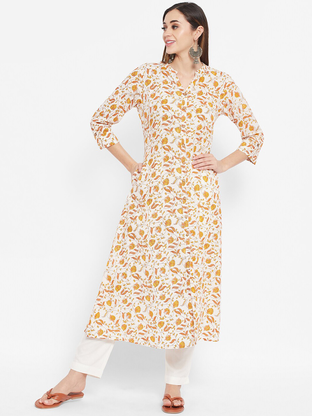 Ramas Women White & Mustard Yellow Floral Printed Band Collar Pure Cotton A-Line Kurta