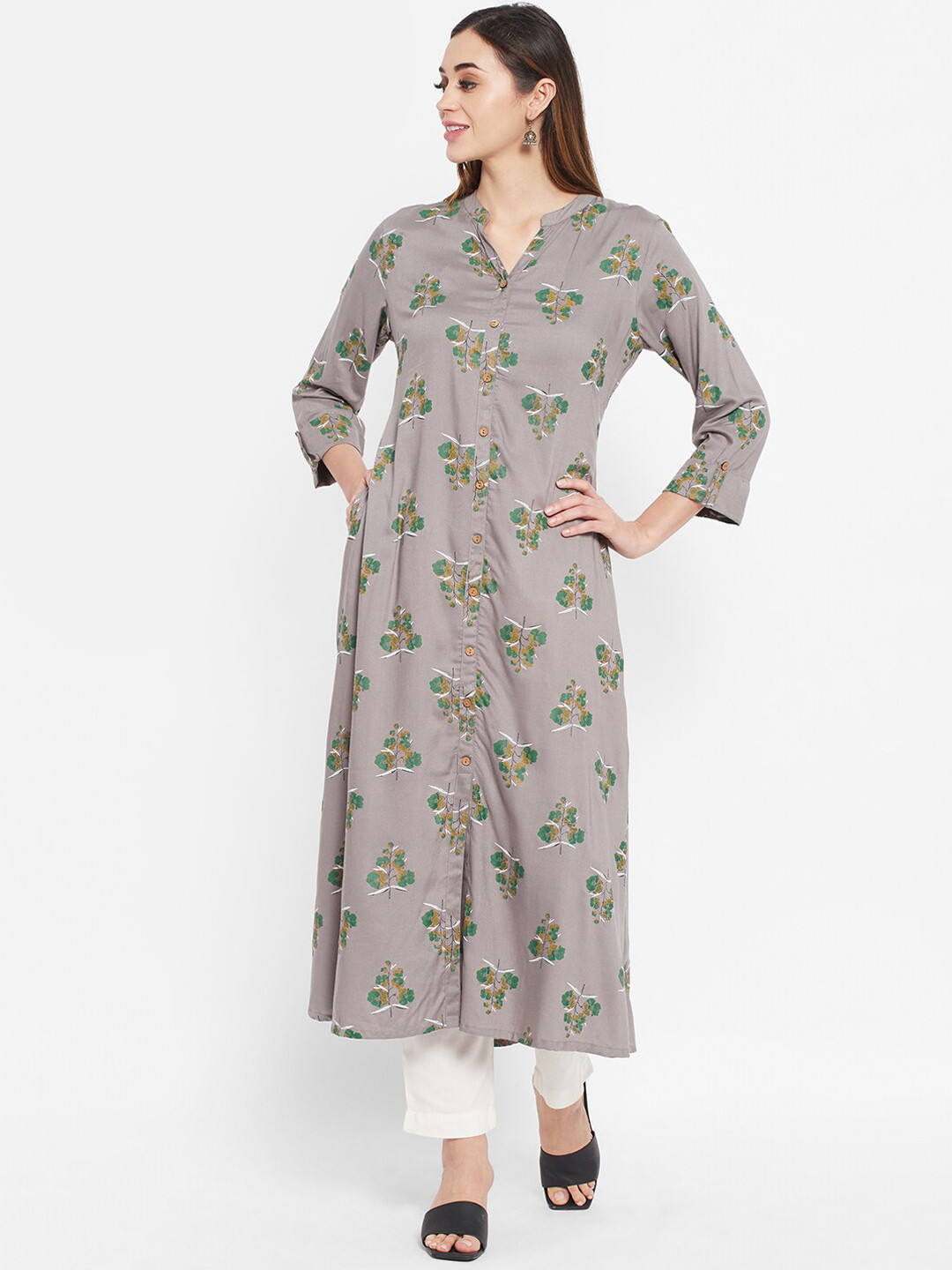 Ramas Women Grey & Green Floral Printed Band Collar Panelled Viscose Rayon A-Line Kurta