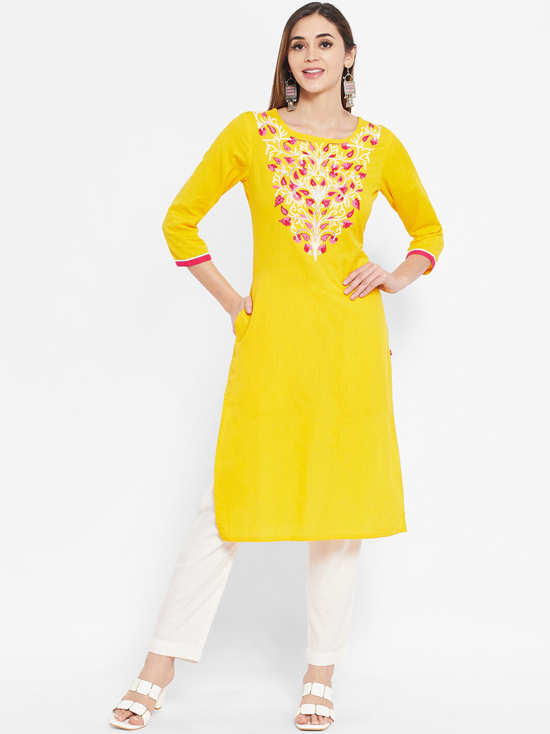 Ramas Women Yellow Ethnic Motifs Yoke Design Embroidered Viscose Rayon Straight Kurta