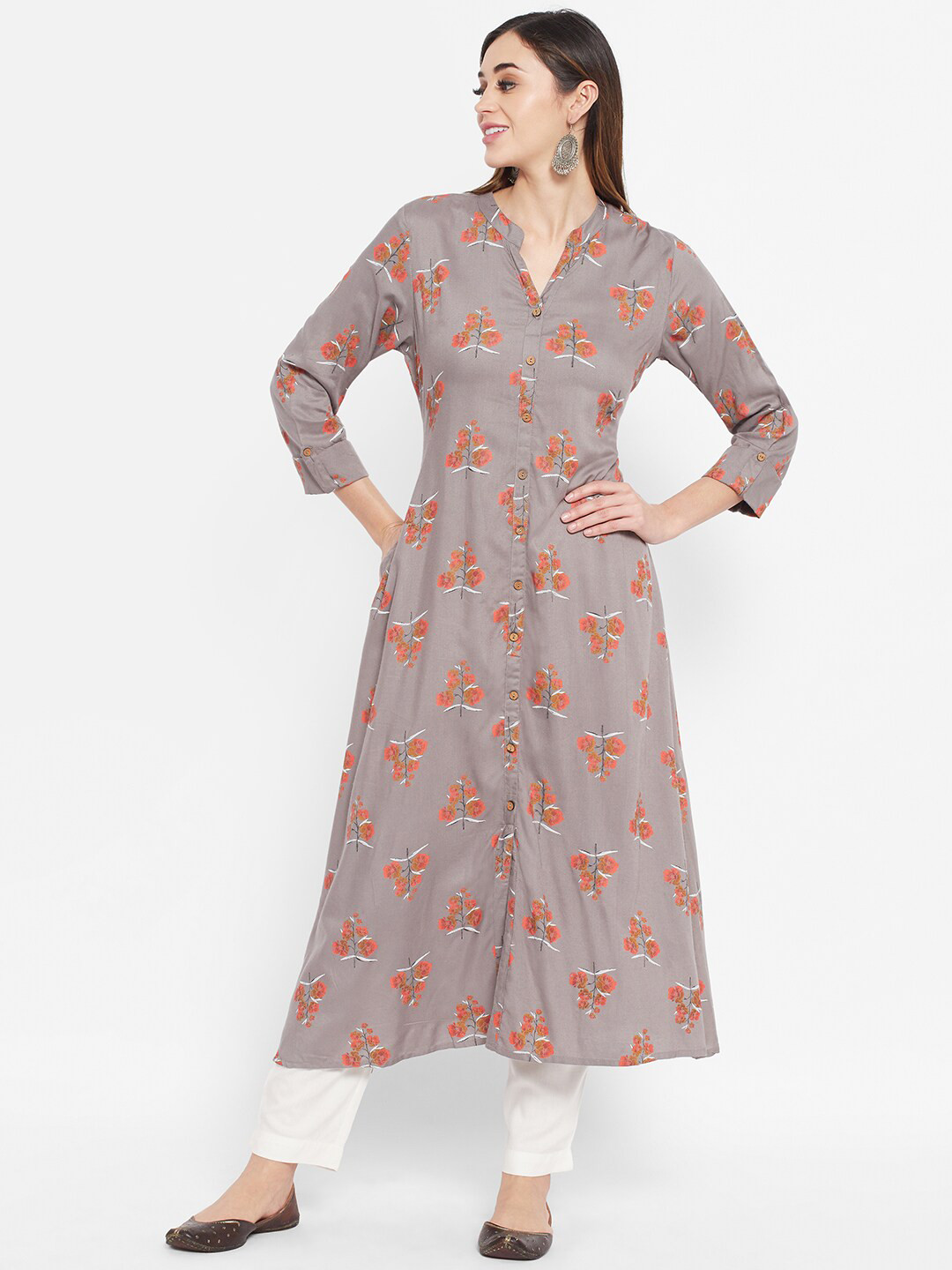 Ramas Women Grey Floral Print A-Line Kurta