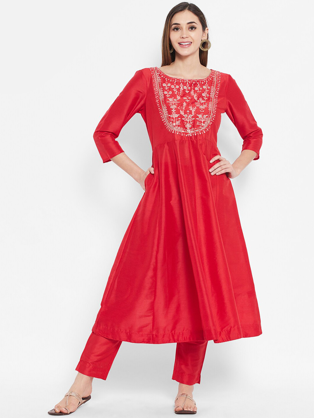 Ramas Women Red Embroidered Chanderi Silk Kurta with Trousers