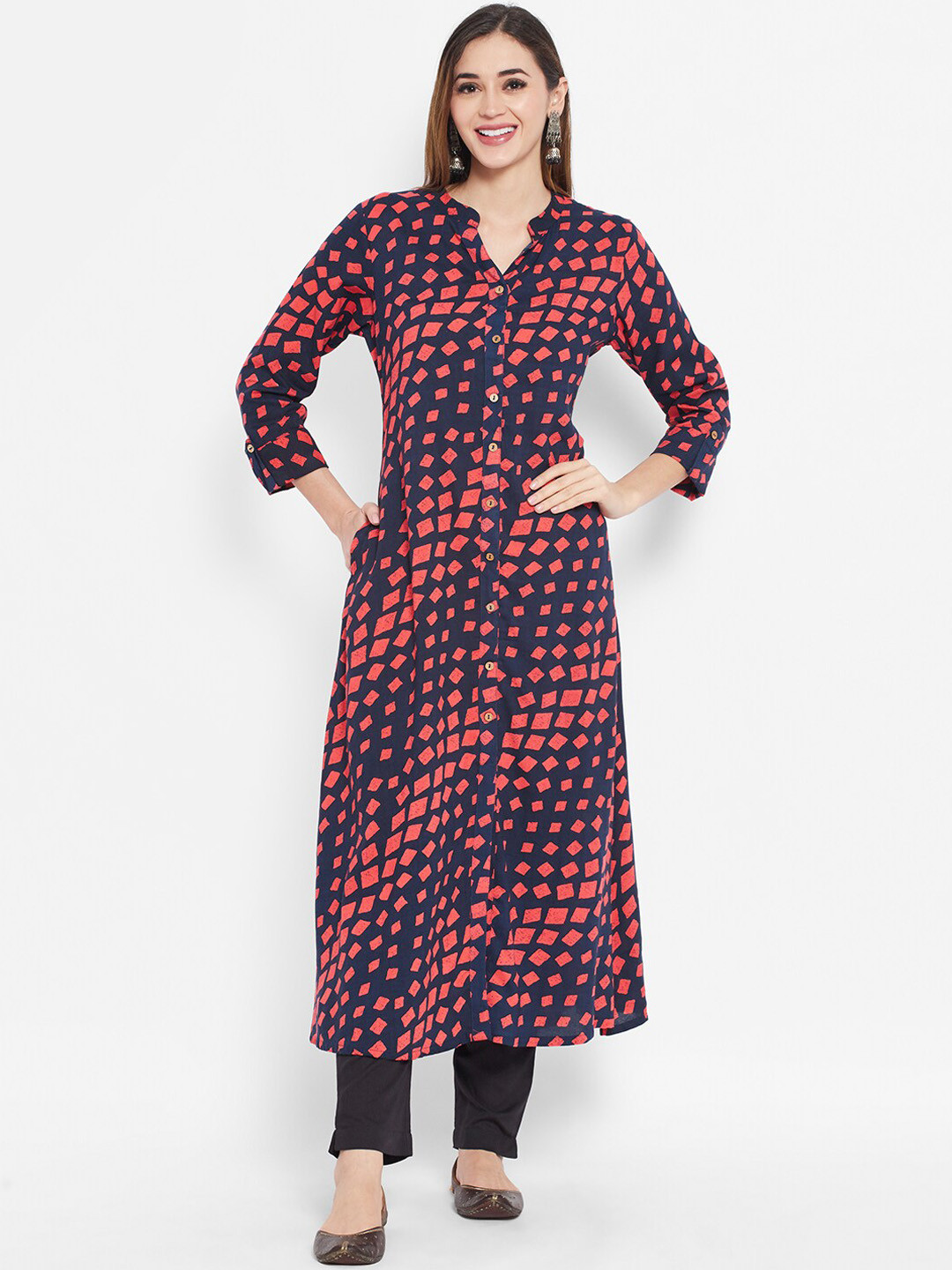 Ramas Women Navy Blue & Coral Quirky Printed Band Collar Cotton Panelled A-Line Kurta