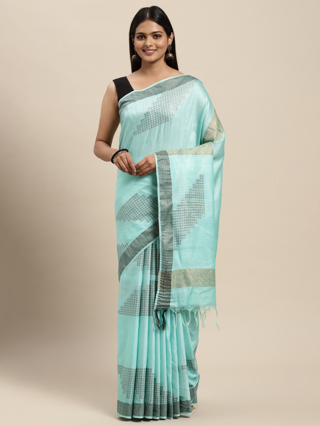 swatika Aqua Blue & Grey Woven Design Zari Silk Blend Bhagalpuri Saree