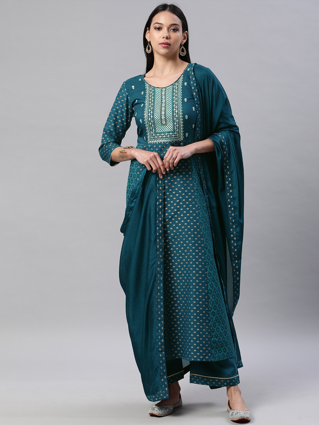 SheWill Women Teal Blue Ethnic Motifs Foil Printed Sequinned Anarkali Kurta with Trousers