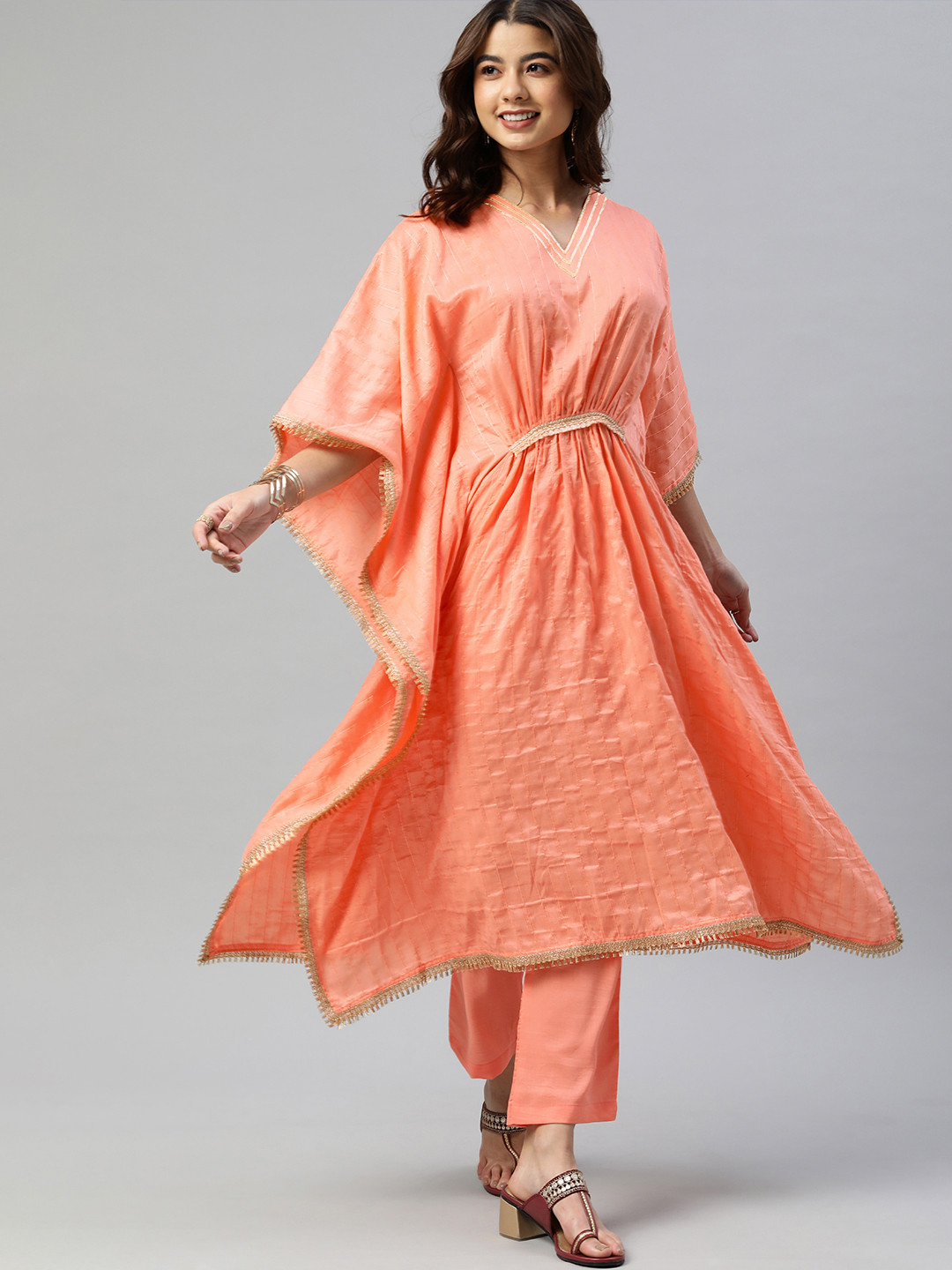 SheWill Women Coral-Pink Pleated Thread Work Striped Silk Chiffon Kaftan Kurta & Trousers