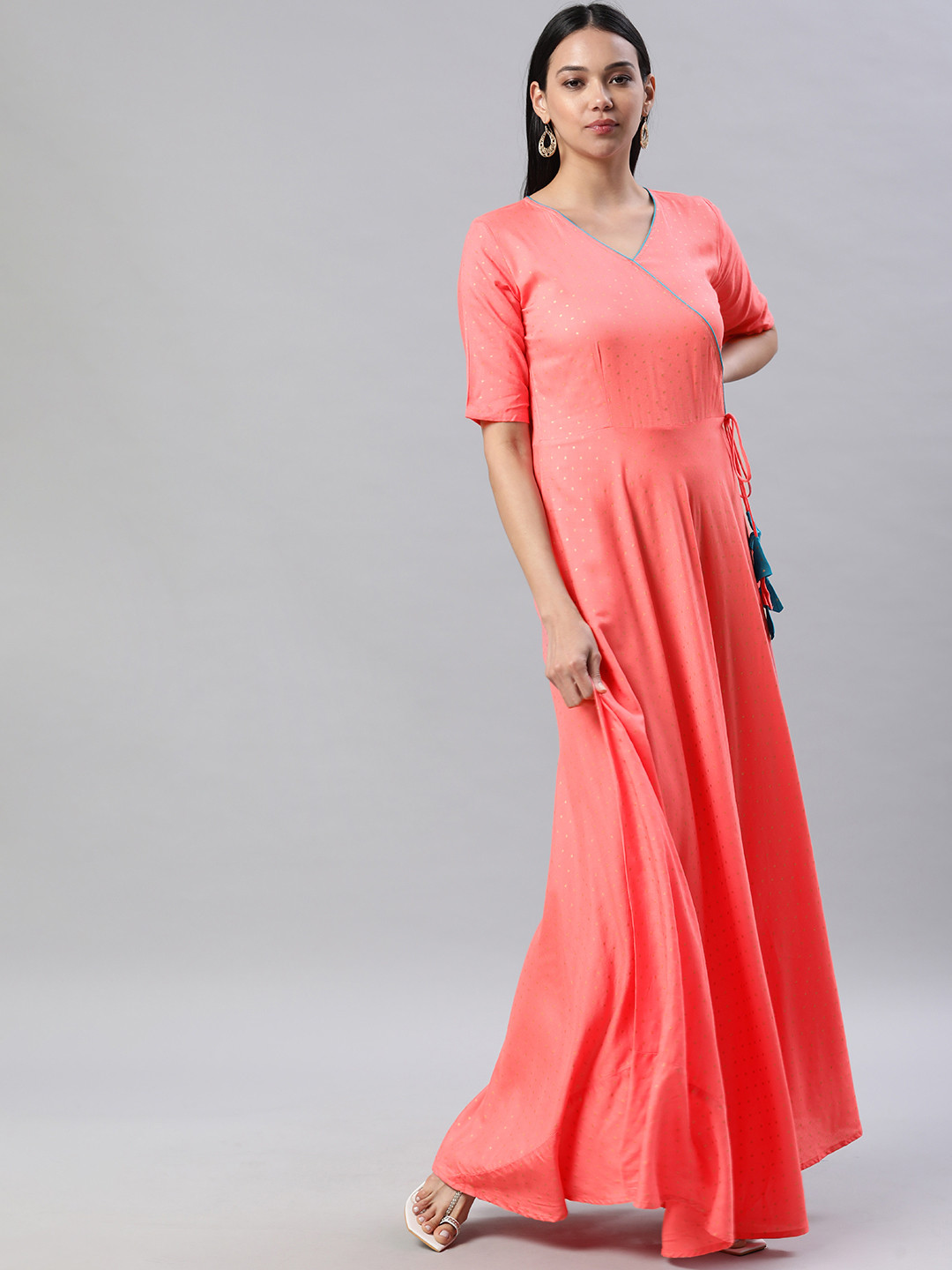 Swishchick Peach Pink Abstract Printed V-Neck Gathered Or Pleated Rayon Fit & Flare Dress