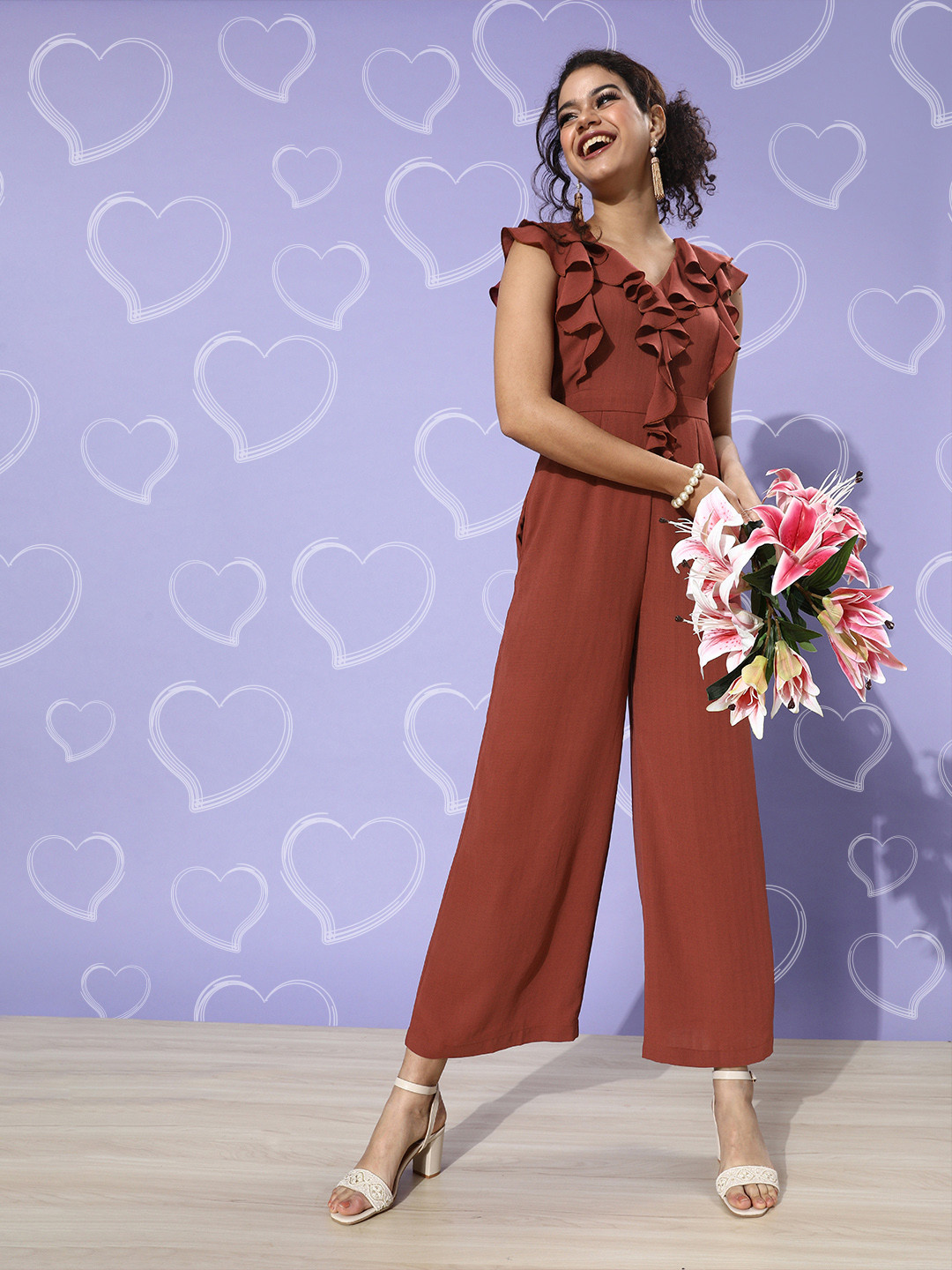 Miss Chase Women Chic Brown Solid Ruffled Jumpsuit